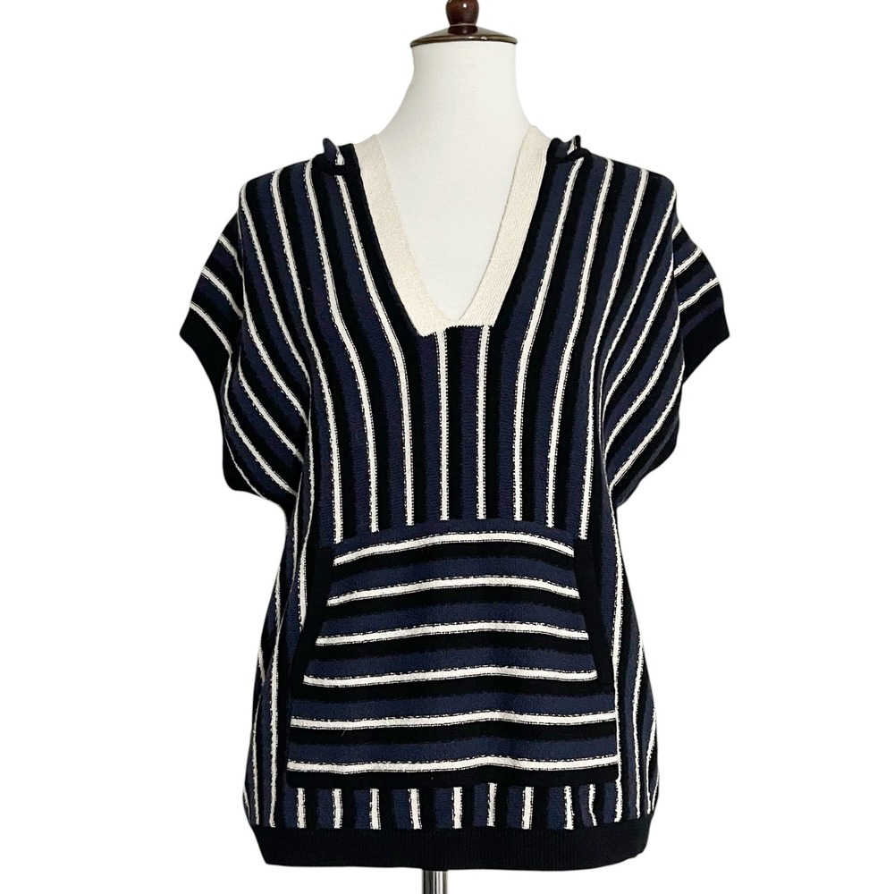 Theory Knit Striped Hooded Poncho Sleeveless Top‎ with Pocket Size L
